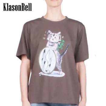1.3 KlasonBell Digitālo Kitty Gadījuma Modes Modelis ar Īsām Piedurknēm T-krekls Sievietēm Vasarā Jaunu Apaļu Kakla Tee Anime Drukāt Vaļēju Augšu