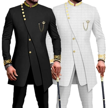 2 Gabals Vīriešu Ikdienas Tērps ar garām Piedurknēm, Jaka Elsas Komplekti Vīriešiem Nelegālo Izšūti Etnisko Elementu Dashiki Vīriešu Kāzu Uzvalks