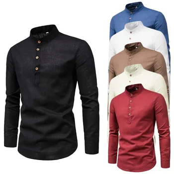 2023 Krekls Vīriešu modes slim tīrtoņa krāsu garām piedurknēm uzņēmējdarbības stāv apkakle kokvilnas veļa half-open vīriešu krekls