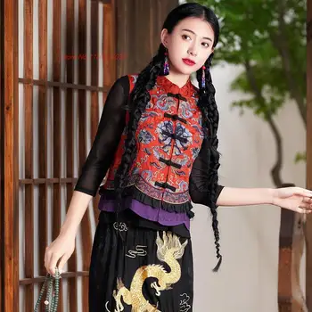 2024 sieviešu ķīnas vintage veste ziedu izšuvumi tang uzvalks, veste tradicionālo cheongsam topi retro valsts vēja vestes, vestes