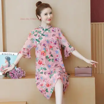 2024 ķīnas vintage qipao uzlabota cheongsam valsts ziedu print-line šifona qipao austrumu pasaku salds kleita vestido