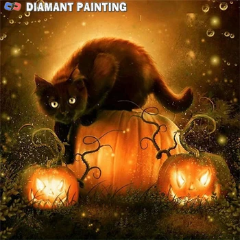 5D Jaunu Mākslas Pilnu Kvadrātveida Dimanta Izšuvumi Halloween Komplekts Dimanta Krāsošana Kaķis ķirbju Mozaīkas Cross Stitch Dzīvnieku Halloween Dekoru