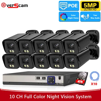 5MP POE Drošības Kameru Sistēmu Ultra HD (4K 10CH POE VRR Komplekts divvirzienu Audio Krāsu Nakts Redzamības CCTV Video Novērošanas Sistēmas Komplekts