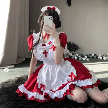 Anime Meitene Cosplay Kostīms Sieviešu Classic Īsām Piedurknēm Medmāsa Meitene Kleita Tērpiem Japāna Sexy Lolita Priekšauts Vienotu Halloween Kostīms