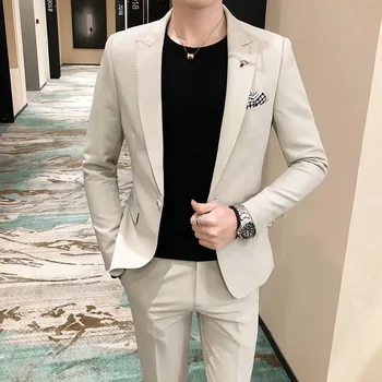 Augstas Kvalitātes (uzvalks + Bikses) Vīriešu Modes Biznesa korejiešu Versija Gadījuma Kontrasta Krāsu Pusaudžu Džentlmenis Slim divdaļīgs Kostīms
