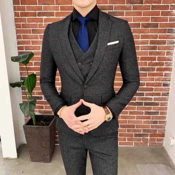 Augstas kvalitātes Vīriešu Slim Modes Banketa Līgavainis Vienu Pogu (uzvalks + Veste +bikses) Biznesa Skaists Atpūtas Uzvalks Trīs gabals, kas