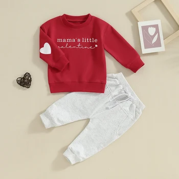 Baby Boy Valentīna Diena Tērpiem Vēstuli Izdrukāt garām Piedurknēm Krekls un Elastīgās Bikses Toddler Rudenī Drēbes 0-3Years