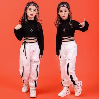 Balts Streetwear Jogger Bikses Meitenēm Džeza Deju Tērpu Apģērbu Mazulis Hip Hop Apģērba Melno Kultūru Tops ar garām Piedurknēm ar Mežģīņu augšu Krekls