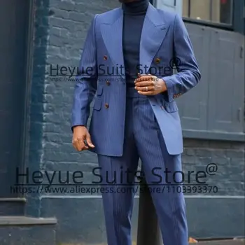 Biznesa Zilā Pinstripe Vīriešu Uzvalki, Slim Fit Plašu Maksimālā Atloks Līgavainis Oficiālu Tuxedos Balli 2gab Komplekti Elegants Vīriešu Žakete Kostīmu Homme