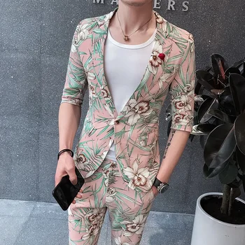 Boutique S-XXL (uzvalks + bikses) vasaras slim modes persona persona, kas ikdienas drukas krāsu vidus piedurknēm vīriešu uzvalku divu gabalu