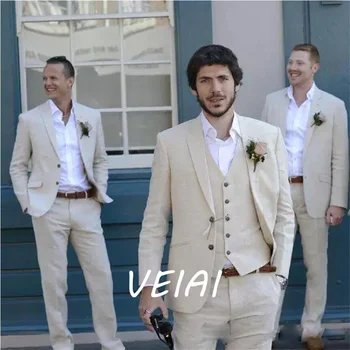 Bēša Beach Veļa, Vīriešu Uzvalki, Kāzu 3 Gabals Jaka, Veste Bikses ar Līgavaiņa Uzvalku Jaunu Modes Tērpu Augstas Kvalitātes