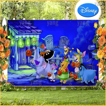 Disney Cartoon Halloween Puse Apdare Eeyore Vinnijs Lācis Tigger Sivēns Eeyore Ķirbju Zils Foto Fons Fons Banner