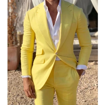 Dzeltena Vīriešu Uzvalki 2 Gabals Veļa Beach Slim Fit Kāzu Līgavainis Uzvalku Ar Savu Maksimumu Sasniedza Atloks Vīriešu Modes Kostīms, Žakete Ar Biksēm