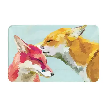 Fox Skūpsts Mīksto Māju Ģimenes Anti-Slip Mat Paklājs Paklāju Fox Savvaļas Dzīvnieku Mīlestība Skūpsts Pāris Gudrs Mežu Dzeltens Sarkans Piparmētru Daudzstūru