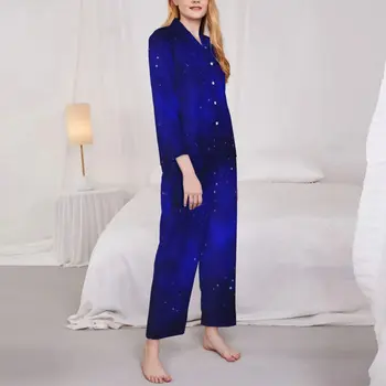 Galaxy Zvaigznes Pidžamas Komplekts Sky Blue Print Kawaii Sleepwear Sieviete Ar Garām Piedurknēm Gadījuma Zaudēt Miega Divas Gabals Naktsveļu Lielā Izmēra