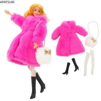 Hot Pink Faux Fur Garš Mētelis, Jaka Apģērbu Komplekts Barbie Lelle Apģērbs, Zeķes, Zābaki, Kurpes, Soma 1/6 Lelles, Aksesuāri Bērniem Rotaļlietas, 1:6