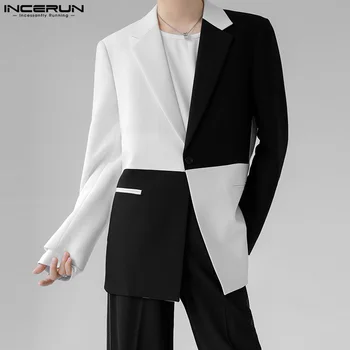 INCERUN Topi 2023 korejiešu Stilā Jaunu Vīriešu, Melns&Balts, kas Kontrastē Uzvalks Gadījuma Modes Vīrietis Aizkaru Dizains Long Piedurknēm Žakete, S-5XL