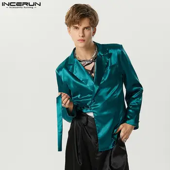 INCERUN Vīriešu Žakete Spīdīgu tīrtoņa Krāsu Atloks ar garām Piedurknēm Satīna Gadījuma Nelegālo Kostīmi Vīriešu Streetwear 2023 Modes Plānas kārtas S-5XL