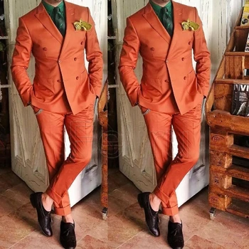 Ir 2021. Modes Orange Vīriešu Uzvalki Dubultā Krūtīm, Kostīmu Homme Līgavainis Balli Žakete Slim Fit 2 Gabali Kāzu Tuxedos Terno Masculino