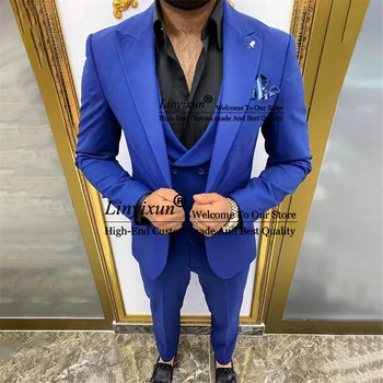 Klasiskās Royal Blue Vīriešu Uzvalki 3 Gabali Komplekts Vīriešu Balli Puses Žakete Komplekti, Skaists Līgavainis Tuxedos Formālas Biznesa Terno Masculino