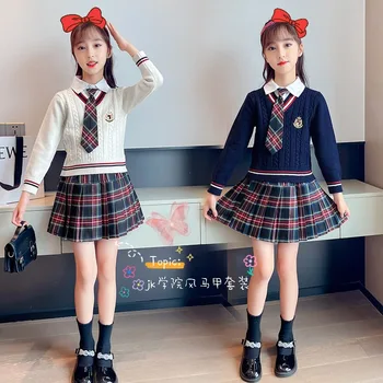 Komplekti Meitenēm Skolā Vienotu Twinset Bērnu Kostīms Bērniem Uzvalks Preppy Džemperi, Svārki, Apģērbi Pusaudžiem Bērnu apģērbs