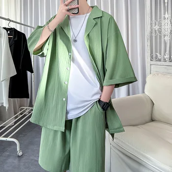 Korejiešu Stila Vīriešu Komplekts Krekls+Šorti Cietā Īsām Piedurknēm Top Matching Gruntis Vasaras Modes Lielgabarīta Apģērbu Vīriešiem