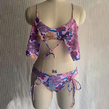 Labu Elastību 2gab/Set Tautas Sexy Ziedu Drukāt Sievietes Bikini Komplekts Stretchy Bikini Komplekts Bezvadu Beachwear