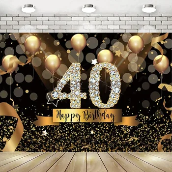Laimīgs 40. Dzimšanas dienas svinības Fotogrāfijas Fons Mirdzēt Melnā Zelta Balonu Fona Pieaugušo Pasakains Dekors Spīd Dimanta Banne