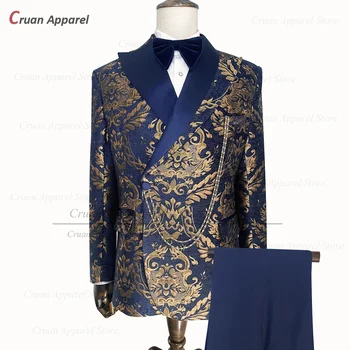 Luksusa Ziedu Drukāt Uzvalki Vīriešiem 2 Gabali 2023 Slim Fit Modes Zelta Tuxedos Pielāgotu Oficiālu Balli Kāzu Žakete, Bikses Kopa