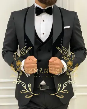 Melnie Uzvalki Vīriešu Slim Fit Oficiālu Kāzu Tuxedos Modes Labākais Cilvēks Žakete, Veste Bikses Pielāgotu Līgavainis Tērpus 3 Gabali
