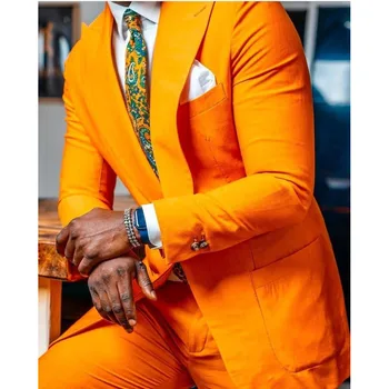 Oranža Žakete Vīriešu Uzvalki Vienu Krūtīm, Maksimālā Atloks Formālas Biznesa Kāzu Tērpu Luksusa 2 Gabals Jaka, Bikses Slim Fit Terno