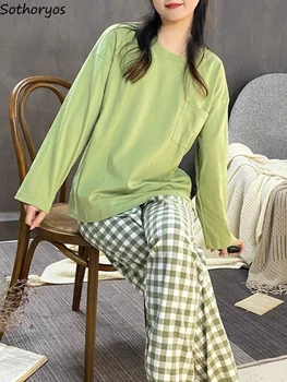Pajama Komplekti Sieviešu Rudens Sleepwear Ikdienas Mājas Studenti Šiks O-veida kakla korejiešu Stilā, Modes Classic Elpojošs Kopmītnē Apģērbi