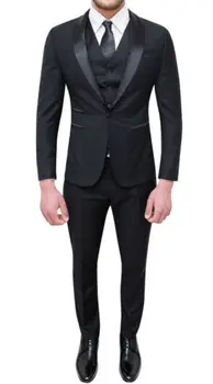 Pasūtījuma Black Vīriešu Uzvalki, Kāzu 3Pieces Tuxedos Partiju Balli itālijas Stilīgs Vīriešu Uzvalki (Žakete+Bikses+Veste+Kaklasaite)