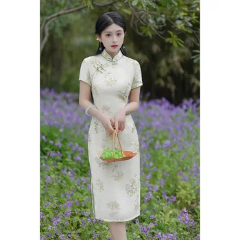 Pavasara Pritned Satīna Vidēja Garuma Qipao Ķīniešu Sievietes Mandarīnu Apkakli, Īsām Piedurknēm Cheongsam Elegants Ikdienas Kleita