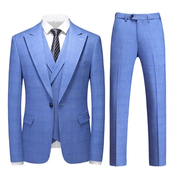 Plyesxale Elegantu Zilu Kāzu Tērps Vīriešiem Dubultā Ventilācijas Dizainers Vīriešu Uzvalki 3 Gabals Luksusa Slim Fit Puse Ikdienas Tērps Cilvēks Q1369