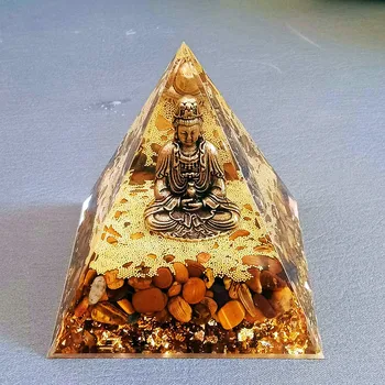 Roku darbs 8CM Budas piramīda ornamenti, dabas tiger eye akmens ar zelta krelles, mājas apdare, rotājumi