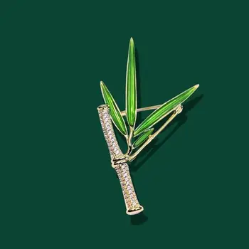 Sakausējuma Bambusa Formas Broša Gudrs Diamond-studded Zaļš/sudraba/zelta Atloks Pin Ģeometriskā Puse