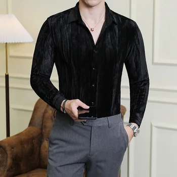 Samta Krekli Vīriešiem Augstas Kvalitātes korejas Luksusa Apģērbu Rudens Ziemas garām Piedurknēm Vīriešu Sociālo Krekls Slim Fit Gadījuma Blūzes
