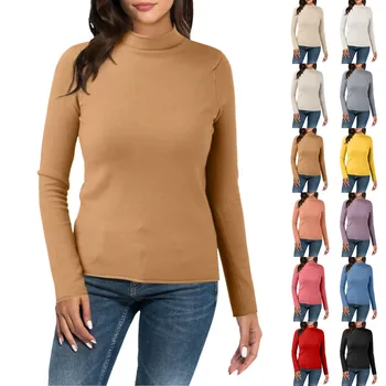 Sieviešu Ikdienas Tīrtoņa Krāsu Zemāko Krekls Slim Augstu Apkakli, Trikotāžas Long Piedurknēm Augšu