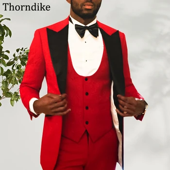 Thorndike Ir 2021. Kāzu Tērps Vīriešiem, Melns Sasniedza Atloks Red Līgavainis Tuxedos,Pasūtījuma Izgatavotu Gadījuma Vīrietis, Vējjakas, Vestes Un Bikses Kopa