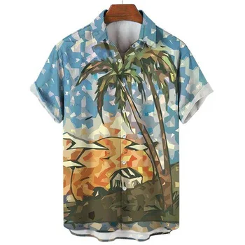 Vasaras 3d Iespiesti Kokosriekstu Koku Havaju Krekls Vīriešiem Topi Modes Sieviešu Pludmales Īsām Piedurknēm Tropu Augi Atloks Blūze Apģērbi