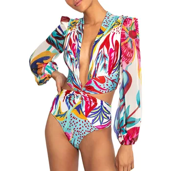 Vasaras Peldkostīms Sievietēm Long Piedurknēm Beachwear viengabala Wetsuit Dziļu V Augsts Viduklis Dobi Sexy Bikini Backless Ūdenslīdēju Kostīms 2023