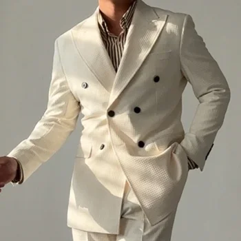 Vintage Dubultā Krūtīm, Vafeļu Dizainera Uzvalks Divas Gabals Kāzu Uzvalku Līgavainim Banketa Vīriešu Slim Fit Uzvalks Kostīmu Homme Mariage