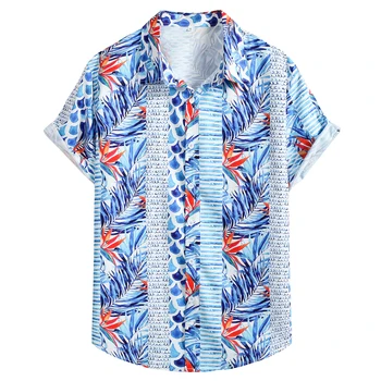 Vīriešu Vasaras Īsām Piedurknēm Tropu Pludmales, Krekli Stilīgs Zils Svītrains Ziedu Havaju Krekls Vīriešu Puses Brīvdienas Camisa Masculina