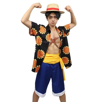 WENAM Luffy Saulespuķu Cosplay Kostīms, Krekls, Bikses Vērtnes Uzstādīt Luffy Saulespuķu Havaju Krekls Anime Luffy Dressrosa Apģērbs
