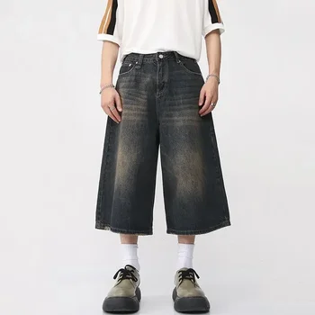 Y2K Mens Vintage Streetwear Pusgarās bikses korejas Harajuku Džinsa Plaša Kāju Bikšu Īsās Bikses Jorts Džinsu Bermudas Šorti Alt Drēbes