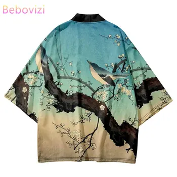Ziedi, un Putni Drukāt Kimono Krekls 2023 Japāņu Tradicionālo Haori Sievietēm, Vīriešiem Beach Yukata Streetwear Jaciņa Āzijas Apģērbu