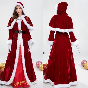 Ziemassvētku Karaliene Kleita Maskēties Puse Apģērbu Garās Kleitas Dāma Santa Cosplay Kostīms Kapuci Šalle Karnevāla Tērpiem Modes Kleita